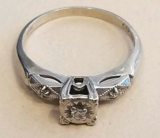 Vtg Art Deco Antique 14K Solid White Gold Diamond Engagement Ring Size 6,  1.  8gr 6