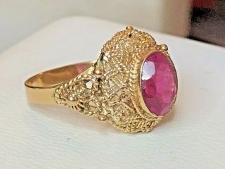 Vintage Estate 18k Yellow Gold Simulated Pink Sapphire Ring Hand Made Filigree