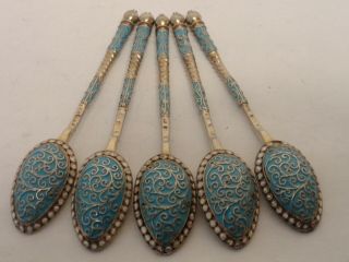 Set Of 5 Antique Russian 84 Silver Cloisonne Enamel Spoons,  3.  6 Inches Each