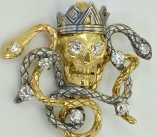 Museum 19th C Victorian Memento Mori 18k Gold&diamonds King Skull&snakes Pendant