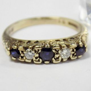 9ct Solid Yellow Gold Sapphire & Diamond Art Deco Vintage Style Ring L