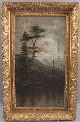 Antique George Bowers Painting Native American Indian Canoe Western Landscape Nr