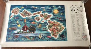 Original/vintage 1950 Dole Pineapple Map Of Hawaiian Islands Lithograph Poster