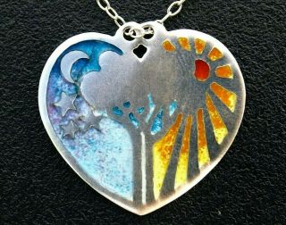 Vintage Sterling Silver And Enamel Necklace Heart Pendant By Norman Grant 1980