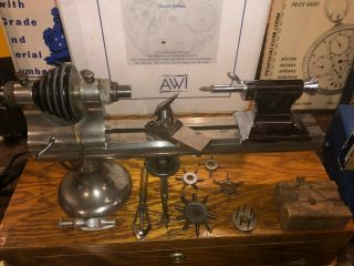 Vintage F.  W.  Derbyshire Watchmaker Lathe,  Tools & books. 2