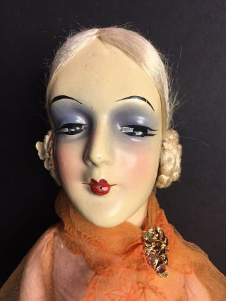 Antique French 29 " Bed Boudoir Doll Cloth Body Wig Label “1927” Gorgeous Face