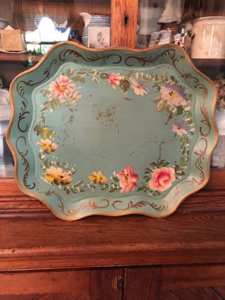 Vintage Large Hand Painted Floral Robbins Egg Blue Metal Tray Toleware Roses