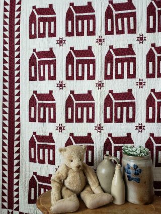 Best Ever Antique C1900 Cranberry Red School House,  Tiny Stars Quilt 83x66 "