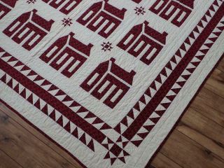 BEST EVER Antique c1900 Cranberry Red School House,  Tiny Stars QUILT 83x66 