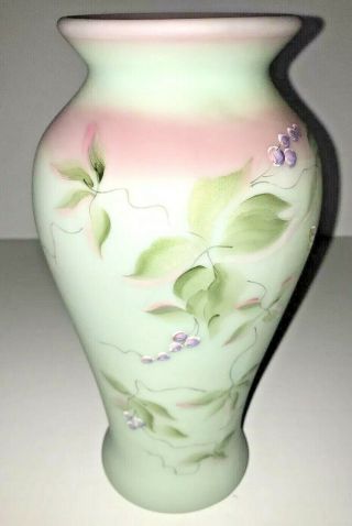 Vintage Fenton Burmese Art Glass Vase (hand - Painted By Frederick) Limited Gc