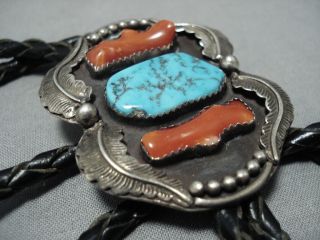 Handsome Vintage Navajo Turquoise Coral Sterling Silver Leaf Bolo Tie