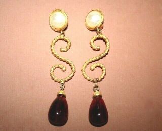 Vntg Deanna Hamro Faux Pearls & Brown Glass Dangles S Rope Clip Earrings - 5” L