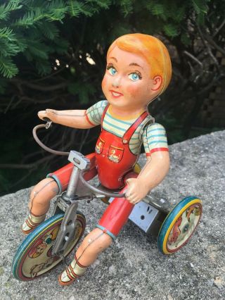 Vintage Unique Art Kiddy Cyclist Tin Wind - Up Toy 1930 