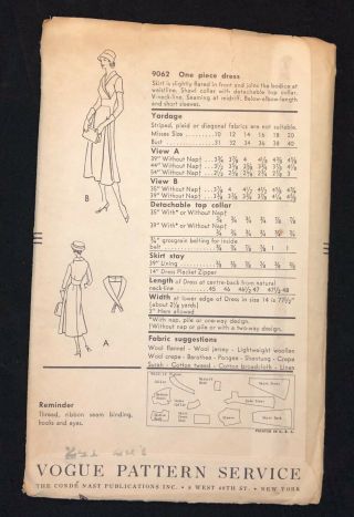 Vintage Vogue 9062 1950 ' s Sewing Pattern One Piece Dress Size 14 - 2