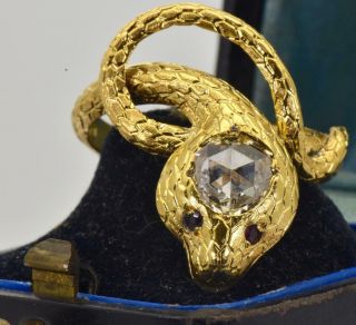 Museum Antique Victorian King Cobra Snake Memento Mori 18k Gold&1ct Diamond Ring