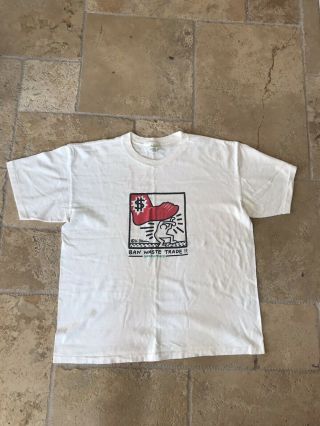 Vintage Keith Haring T - Shirt 90s Green Peace Ban Waste Trade Environment Earth