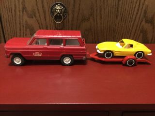 Vintage Tonka Red Jeep Wagoneer,  Trailer And Yellow Corvette 1960’s