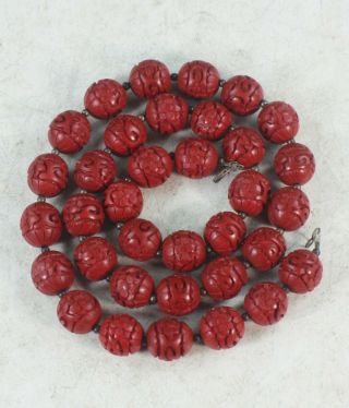 Vtg Chinese Carvd Cinnabar Beads Necklace