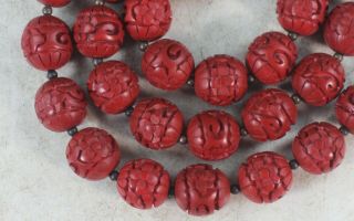 VTG Chinese Carvd Cinnabar Beads Necklace 4