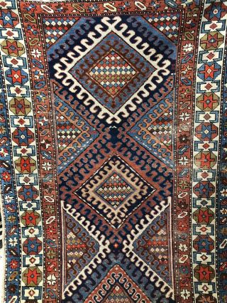 Auth: 19th C Antique Caucasian Runner Dramatic Geometric Wool Beauty 4x14 NR 3