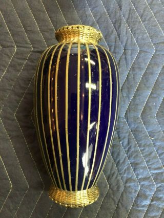 Antique Japan Meiji Woven Silver Wire Porcelain Vase Blue