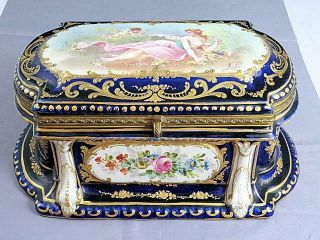 Magnificent Antique Sevres French Porcelain Jewel Casket Cobalt Blue Gold Gilded