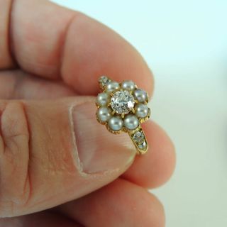 Victorian / Edwardian 18ct Gold diamond & Pearl Ring 7