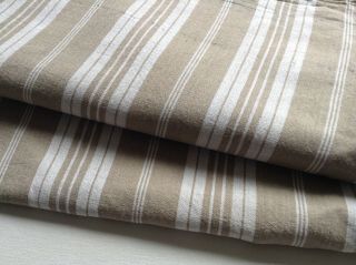 French Vintage Tan/stone And White Striped Ticking Fabric 58 " X 76 " Shabby Chic