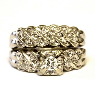 14k White Gold.  25ct Round Diamond Engagement Ring Wedding Band Set 5g Vintage