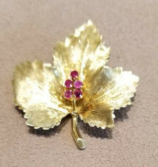 Vintage Estate Tiffany 18k Yellow Gold Large Leaf Ruby Brooch Pin