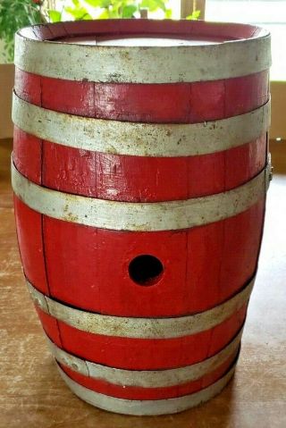 Vintage Wood Keg Barrel 6 Rings Painted Red 17 " Tall 10 1/2  Diameter Top Rim