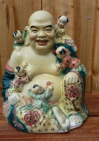 Chinese Vintage Happy Laughing Buddha Children Famille Rose 10 "