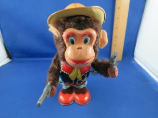 Vintage Japan Wind Up Tin Litho Monkey The Sheriff Toy