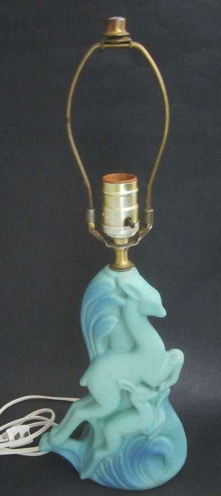 Vintage 1920 ' s Van Briggle Pottery Leaping Deer and Fawn Lamp in Ming Blue 2