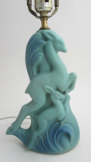 Vintage 1920 ' s Van Briggle Pottery Leaping Deer and Fawn Lamp in Ming Blue 5
