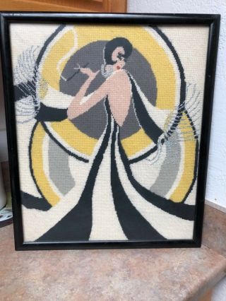 Vintage 1920’s Embroidery Framed Art Needlepoint Woman Smoking Cruella De Vil???