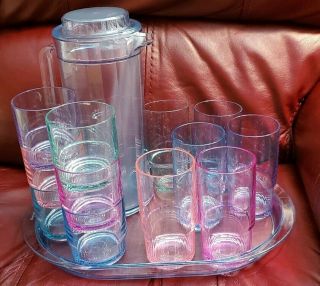 Vintage Tupperware Pastel Watercolor Acrylic Set Tray,  12 Tumblers Pitcher