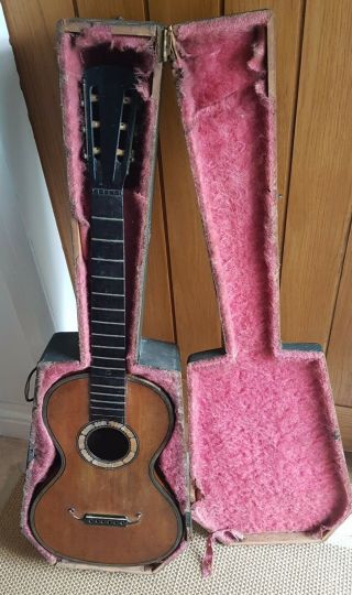 Brilliant 19thc Victorian French Parlour Acoustic Guitar In Coffin Case