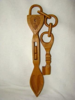 Vintage Primitive Tramp Folk Art Carved Whimsey Heart Lock,  Key Cage Spoon