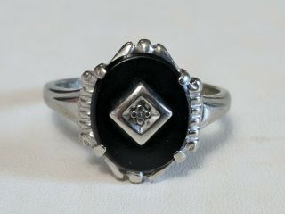 Vintage 10k White Gold Black Onyx Ring With Diamond Sz 8