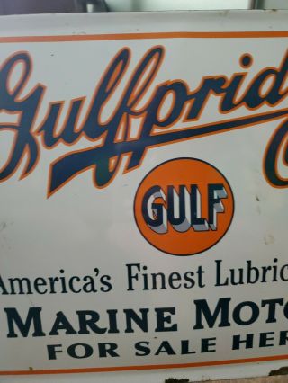 Vintage Porcelain Gulf Oil Sign Marine Motors Gulfpride Gasoline Plate Gas Pump
