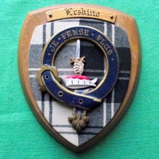 Vintage Old Scottish Clan Erskine Tartan Heavy Oak Plaque Crest Shield