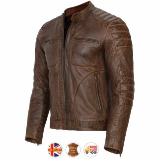 Mens Motorcycle Vintage Distressed Brown Leather Jacket Slim Fit Biker