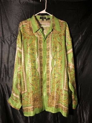 Rare Vintage Mens Joey Richi Long Sleeve Metallic Silk Shirt Green/ Gold Xl