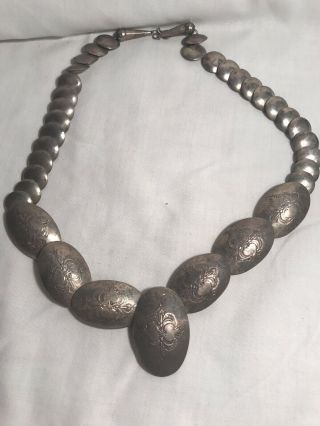 Older Vintage Navajo Graduated Sterling Silver Floral Disc Bead Necklace Signed