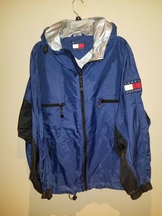 Vintage 90s Tommy Hilfiger Windbreaker Jacket Sleeve Logo Large Multi Color Zip