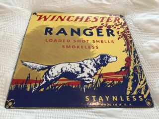 Vintage Winchester Porcelain Sign,  Ammo,  12 Gauge Shells,  Hunting Dog,  Shot Gun
