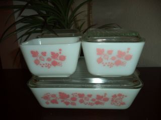 Vintage Pyrex Pink & White Gooseberry Refrigerator bowls (7 pc.  set) 2