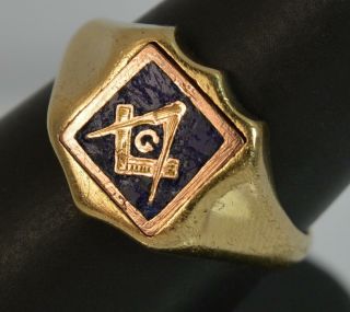Rare 9 Carat Gold & Enamel Masonic Swivel Signet Ring P0565