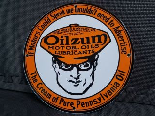 Vintage Oilzum Motor Oil Man Porcelain Enamel Sign 11 3/4 Gas Pump Plate Dealer